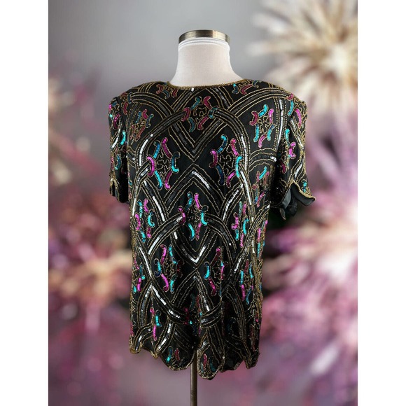 Papell Boutique Tops - Vintage Papell Boutique Silk Sequin Beaded Embellished Jacket Black Plus Size 2X